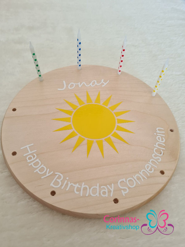 Geburtstagsbrett "Sonne" personalisiert / Kerzenteller / Geburtstagsaufsteller
